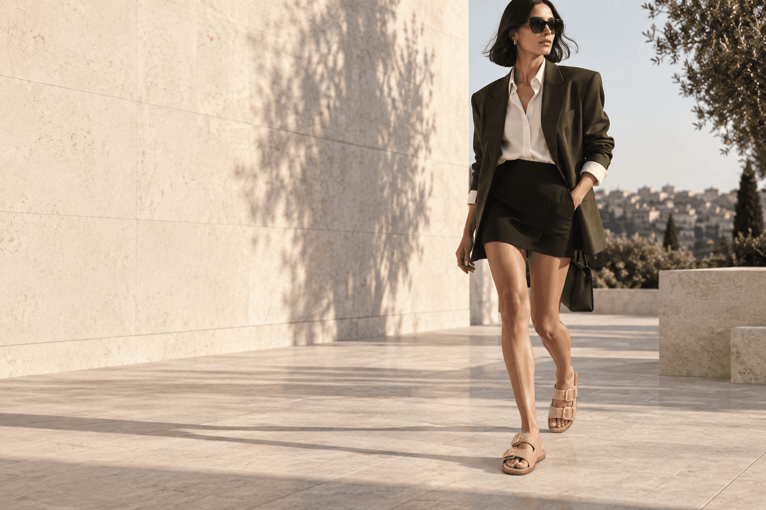 Model in a tailored dark look wearing blush double-buckle slides on a sunlit terrace