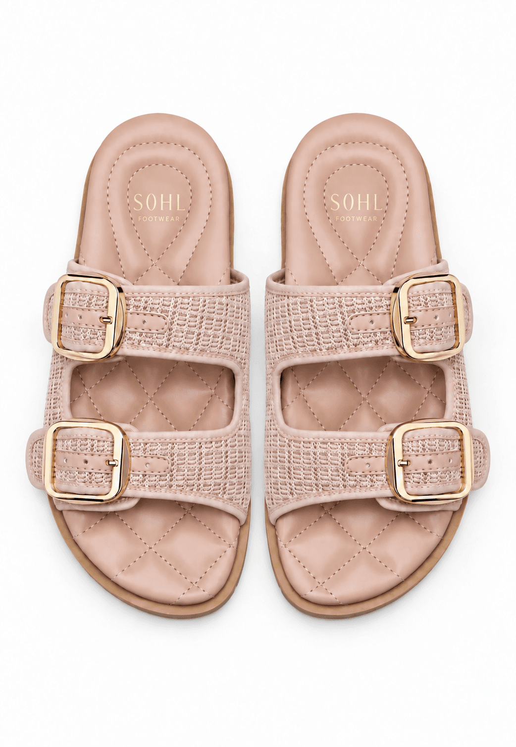Actual SOHL Mar Sandy blush development sample showing two textured straps and gold buckles